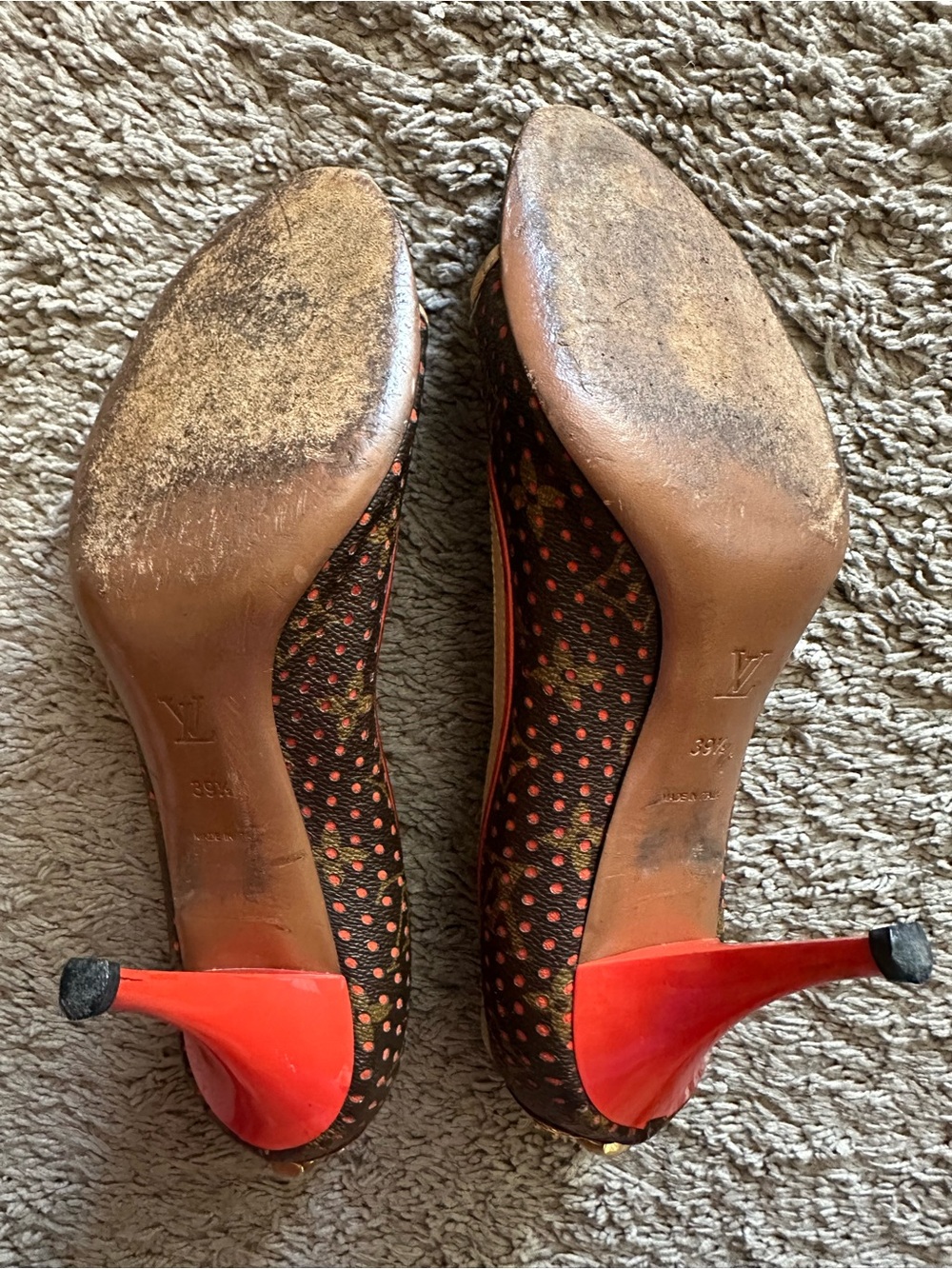 Louis Vuitton Monogram Perforated Peep Toe Heels Orange Size 39.5 Padlock - Picture 5 of 10